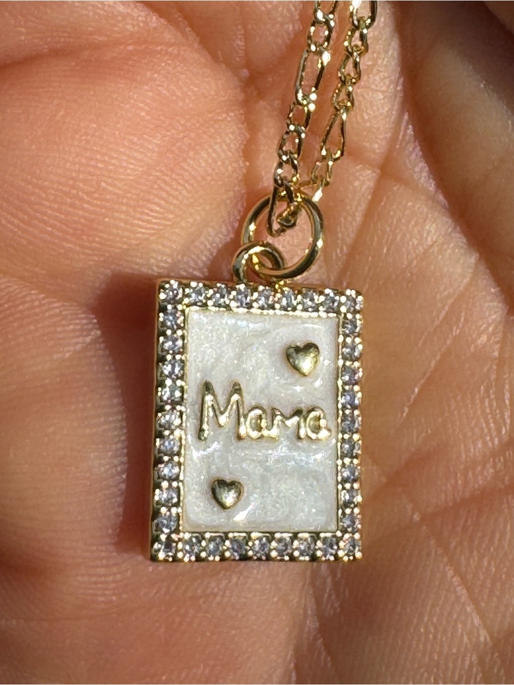 Gold Plated 'Mama' Pendant Necklace with White Enamel and Cubic Zirconia Halo